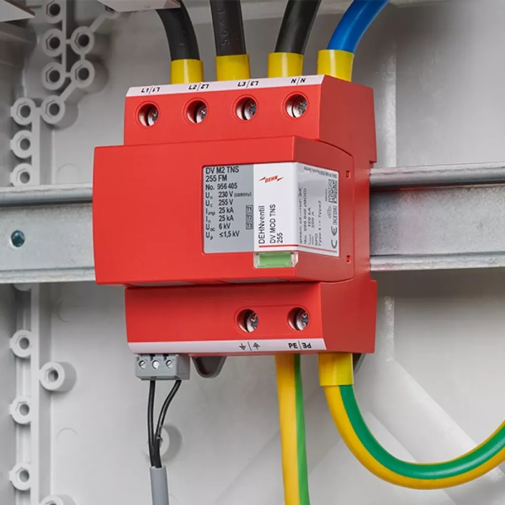 DEHN DEHNventil M2 — protección combinada Tipo 1+2+3 en riel DIN