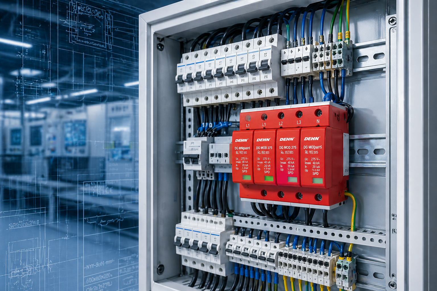 Industrial Electrical Panel with DEHN SPD – Control Room Installation Industrial electrical panel with DEHN surge protection device (SPD) installed on DIN rail in a modern control room