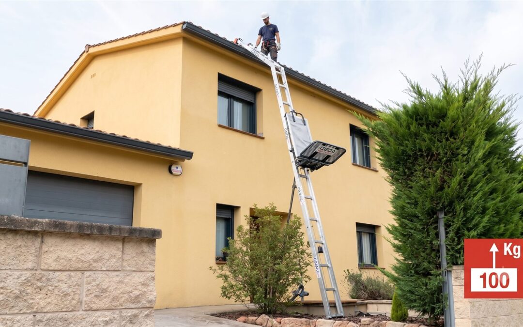 Elevador de escalera CAMAC 100 instalado en la fachada de una casa subiendo materiales al tejado, con capacidad de 100 kg