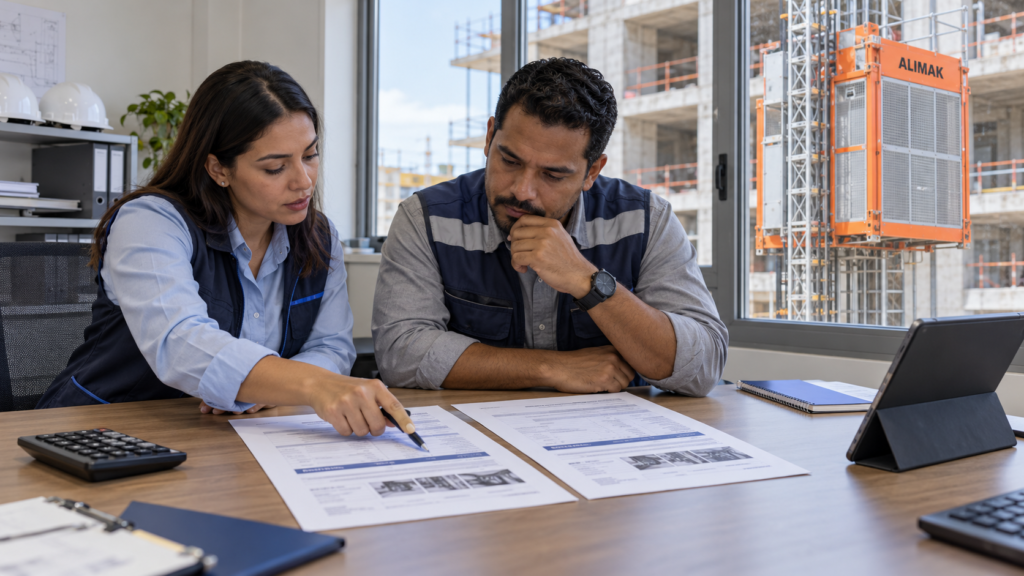 Profesionales comparando propuestas de mantenimiento de elevadores Alimak