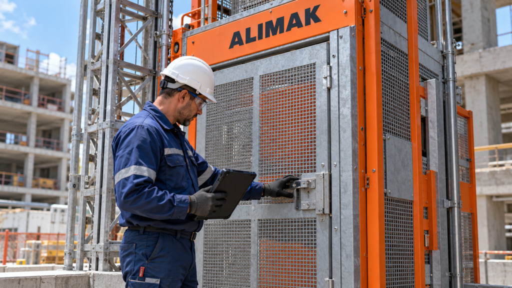 Técnico inspeccionando la puerta de un elevador Alimak y documentando la revisión